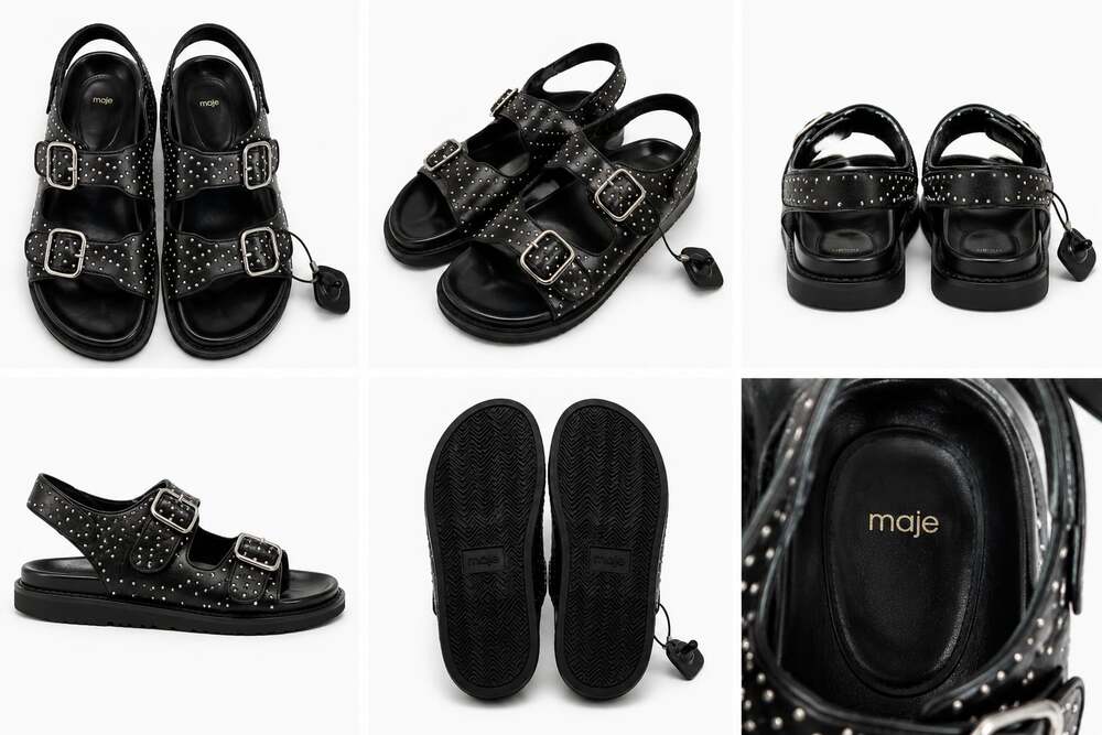 Maje Studded Leather Double Buckle Slingback Sandals